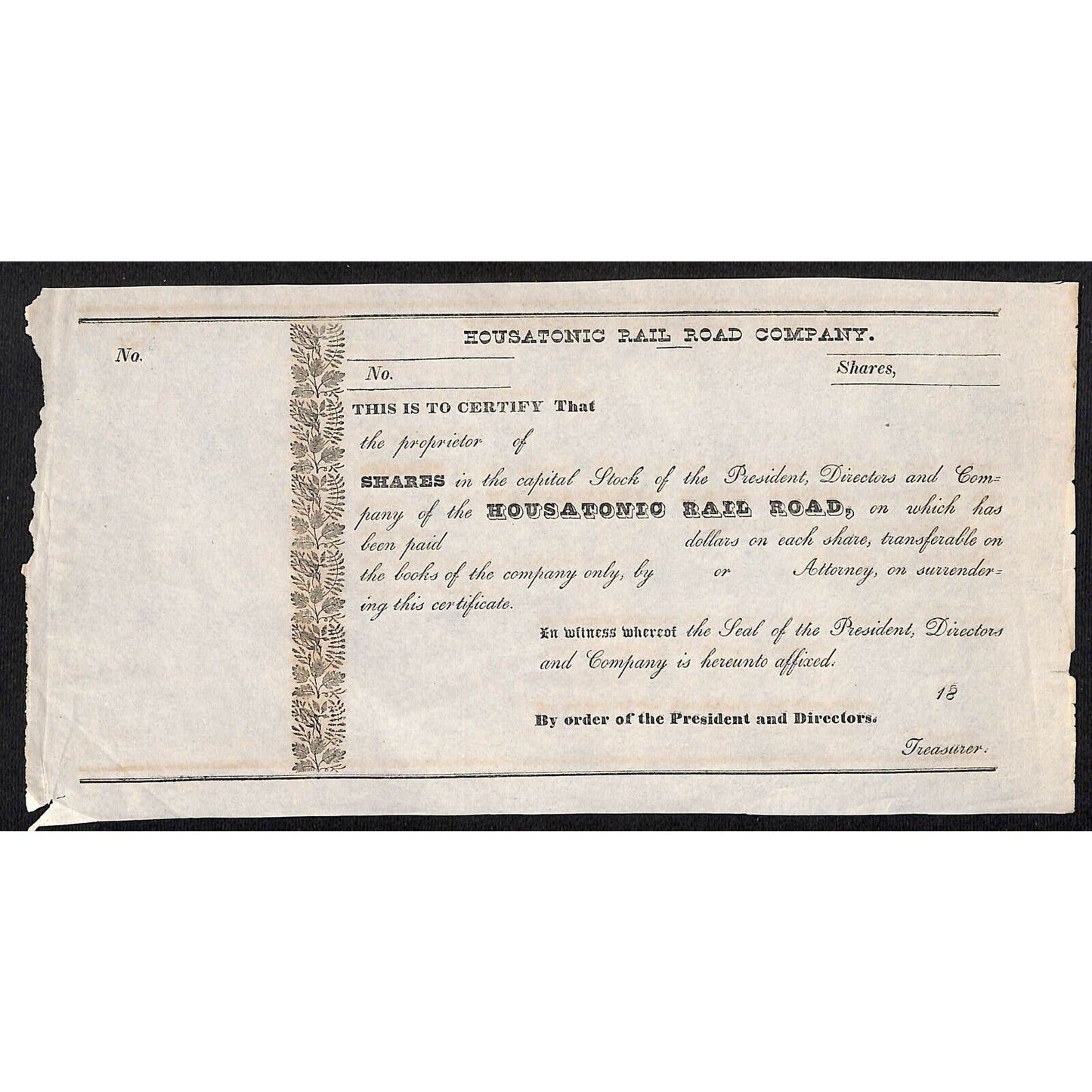 Housatonic Rail Road (CT) Unissued c1837 Stock Certificate