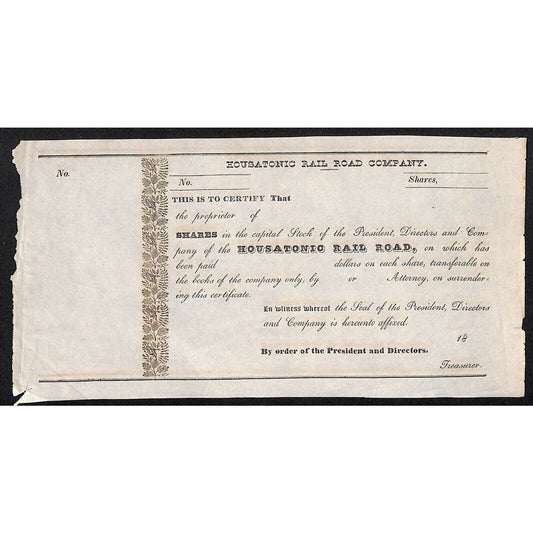 Housatonic Rail Road (CT) Unissued c1837 Stock Certificate