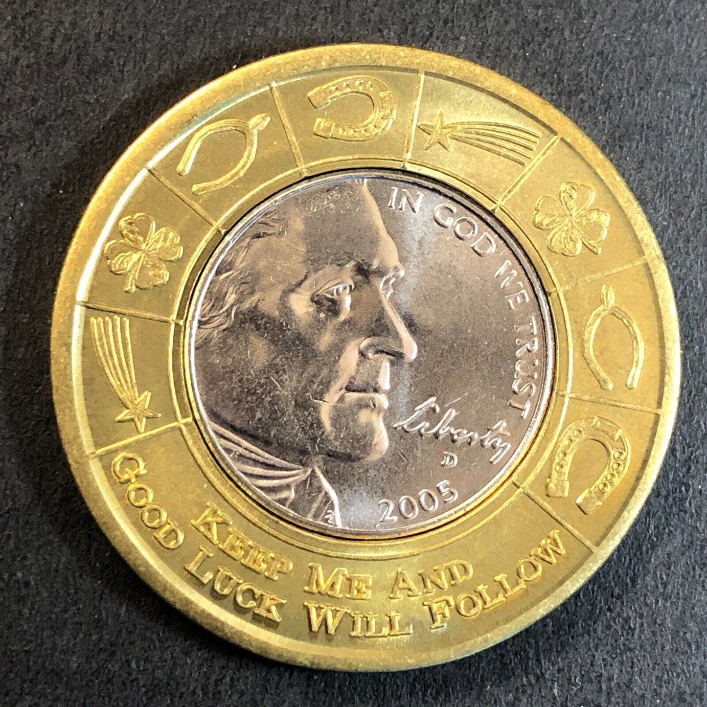 Jerry Adams Collector* Encased 2005 Buffalo Bimetallic Brass Good Luck Token