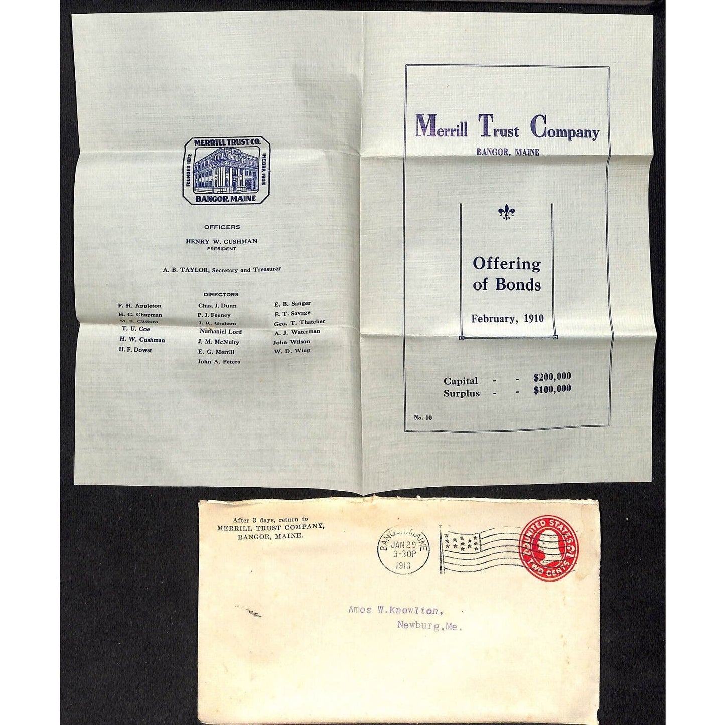 Bangor, ME Merrill Trust Co. 1910 Offering of Bonds Sheet & Cover Knowlton*