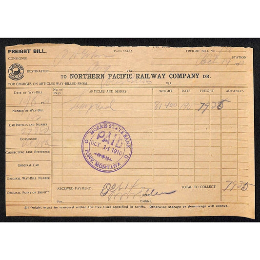 Northern Pacific Railway 1910 Freight Receipt for 81,400lbs Lump Coal Pony, MT