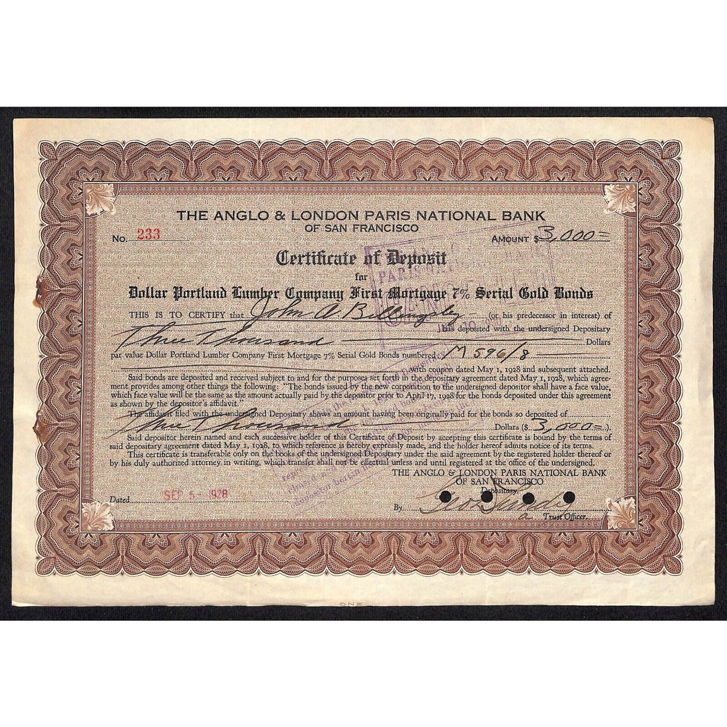 Anglo & London Paris National Bank of S.F. 1928 Certificate Deposit Billingsley?