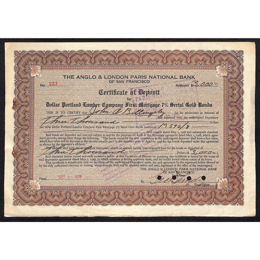 Anglo & London Paris National Bank of S.F. 1928 Certificate Deposit Billingsley?