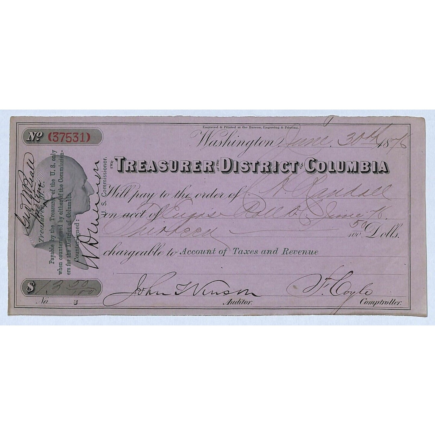 1876 Treasurer District of Columbia Commissioners Warrant / Check "C.H. Randall"