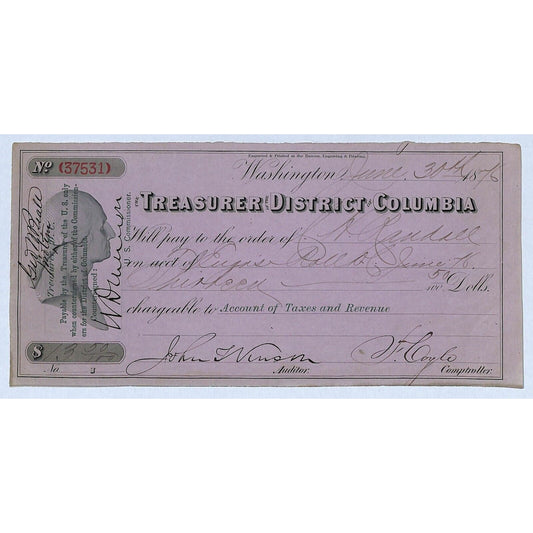 1876 Treasurer District of Columbia Commissioners Warrant / Check "C.H. Randall"