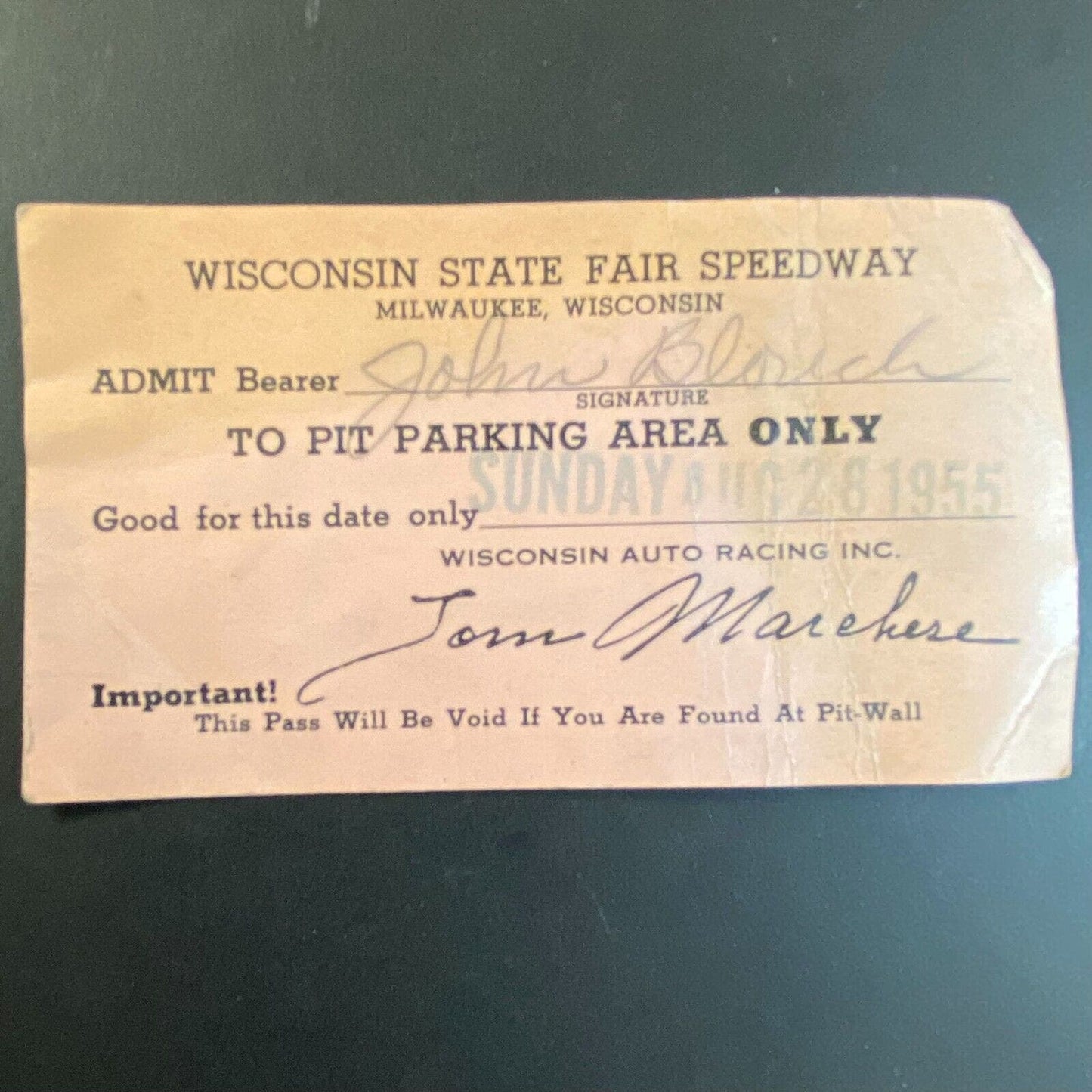 1955 Wisconsin State Fair Speedway Pit Parking Pass "John H. Blouch"