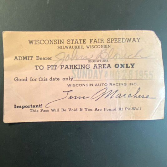 1955 Wisconsin State Fair Speedway Pit Parking Pass "John H. Blouch"