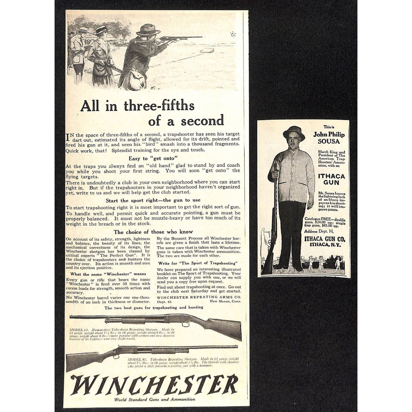 Ithaca Gun "John Philip Sousa" / Winchester Trap Shoot c1920 Magazine Ads