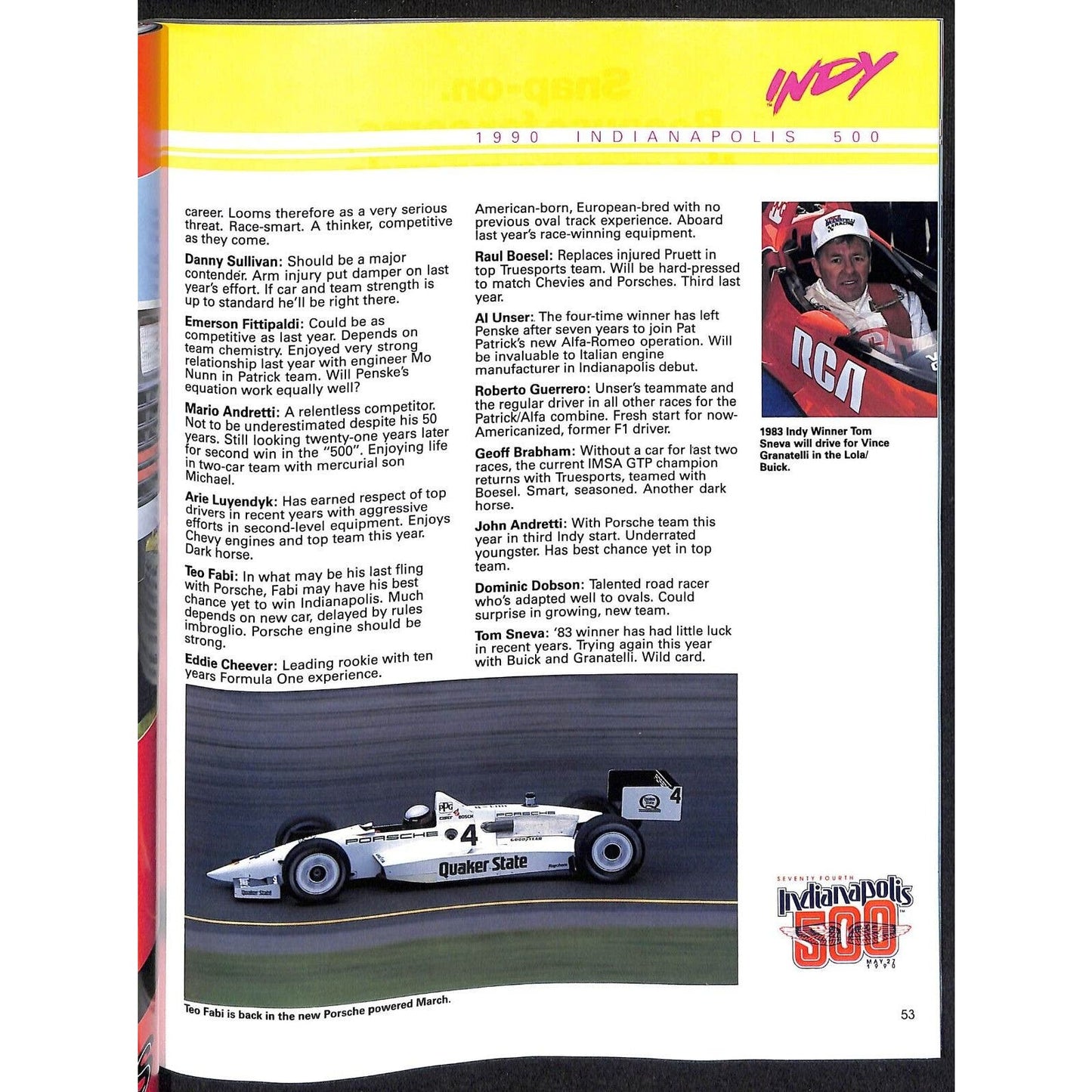 1990 Indianapolis 500 Racing Program VGC 191pp 1 lb. 7oz.