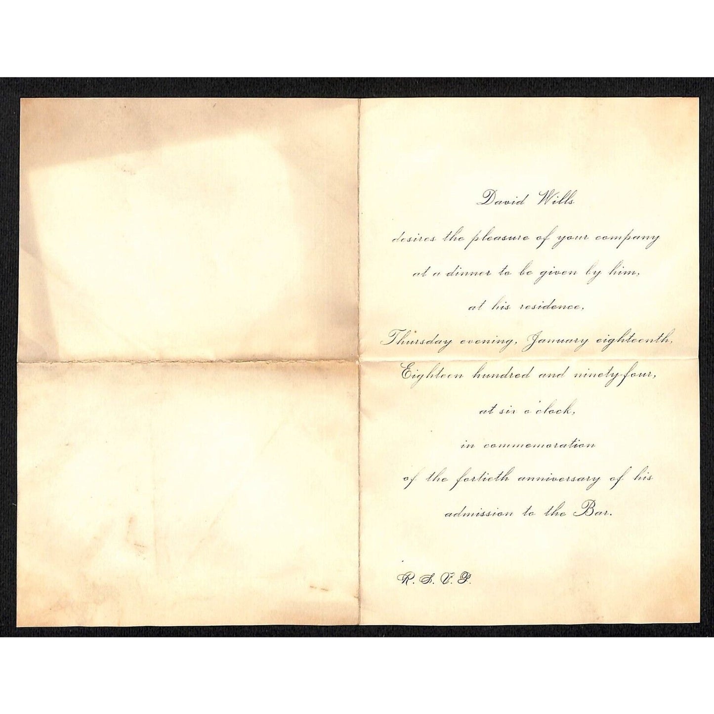 1894 David Wills Dinner Invitation in 40th Anniv. Commemoration of Bar Admission