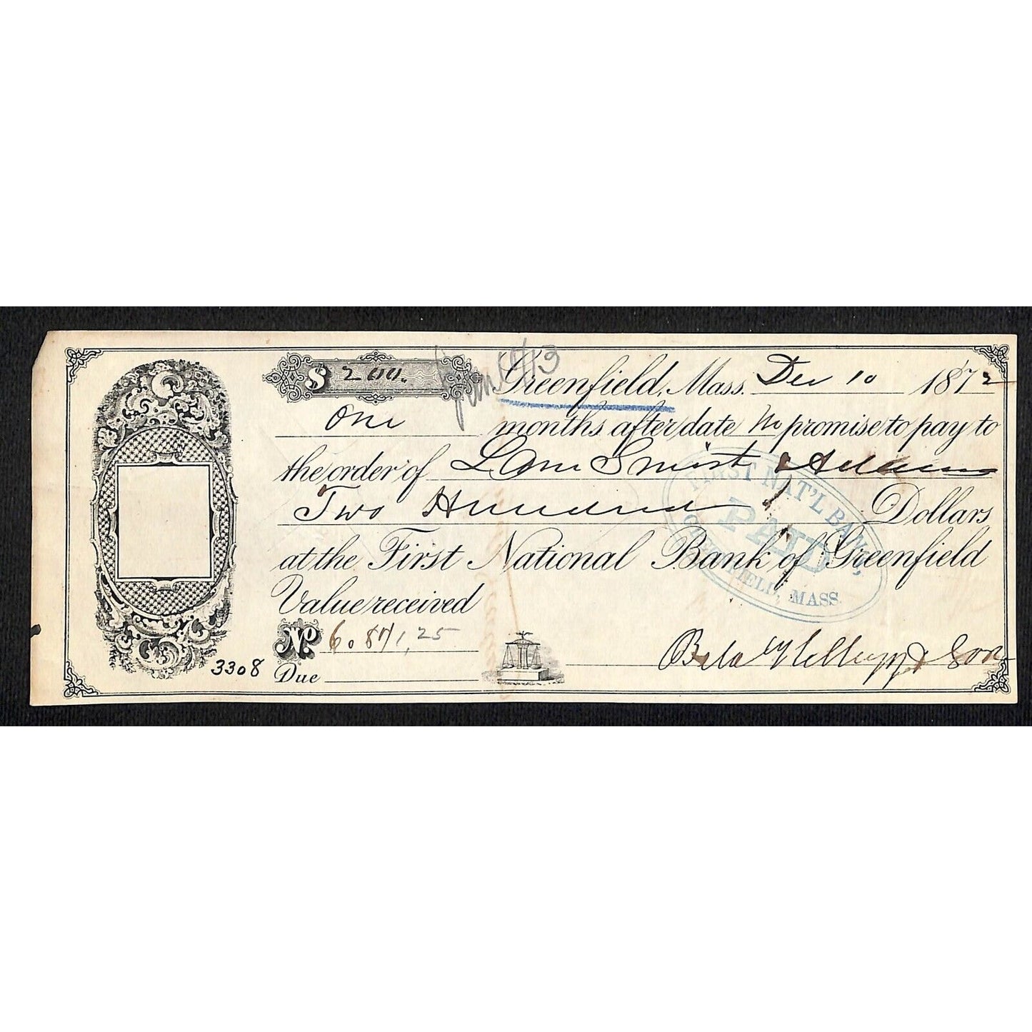 1872 First National Bank of Greenfield, MA $200 Promissory Note