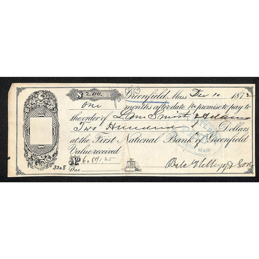 1872 First National Bank of Greenfield, MA $200 Promissory Note
