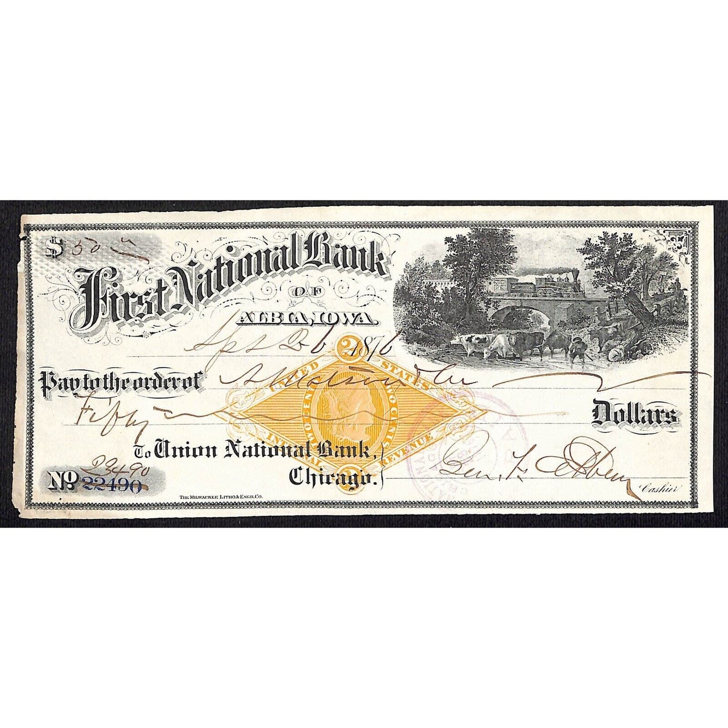 First National Bank Albia, Iowa 1876 Bank Check w/ Tax Stamp & Vignette VGC