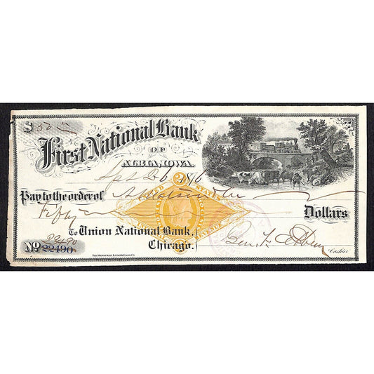 First National Bank Albia, Iowa 1876 Bank Check w/ Tax Stamp & Vignette VGC