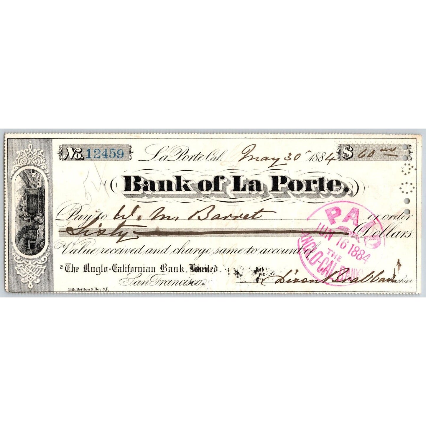 Bank of La Porte Check W.M. Barret 1884 Mining Vignette #12459