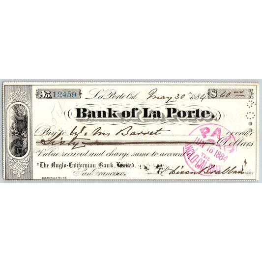 Bank of La Porte Check W.M. Barret 1884 Mining Vignette #12459