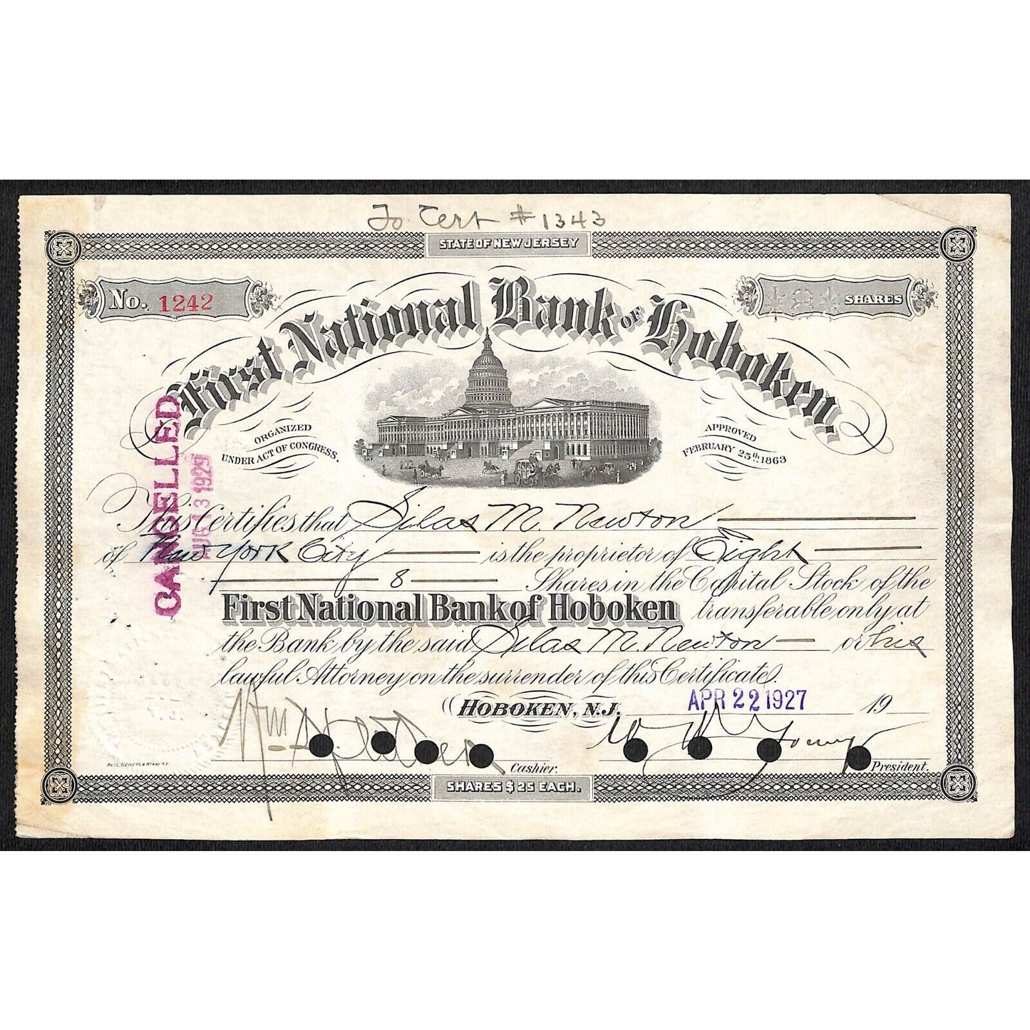 First National Bank of Hoboken NJ 1927 Stock Certificate Silas M. Newton