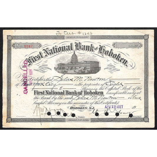 First National Bank of Hoboken NJ 1927 Stock Certificate Silas M. Newton