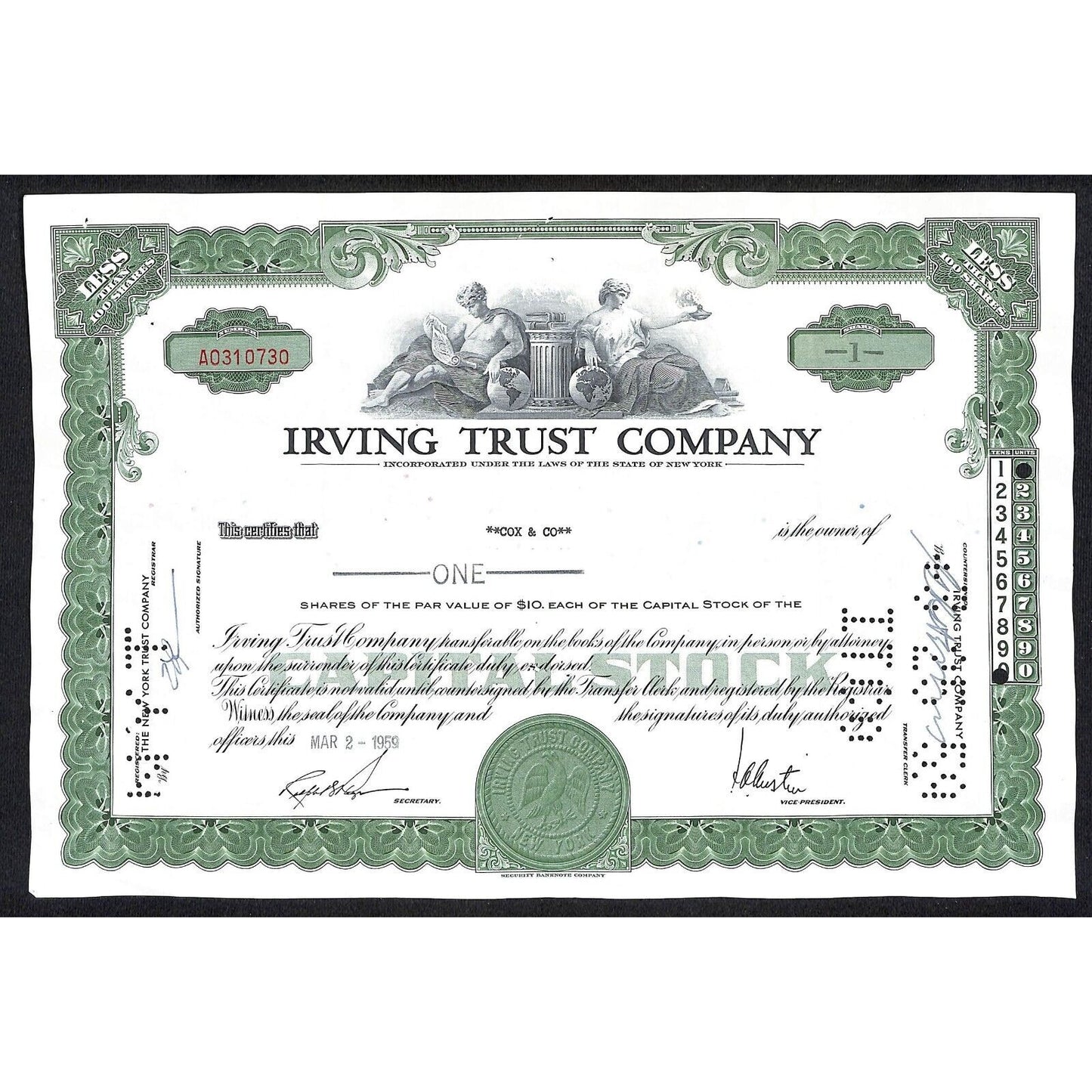 Irving Trust Company NY 1959 Stock Certificate Cox & Co.