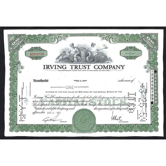 Irving Trust Company NY 1959 Stock Certificate Cox & Co.
