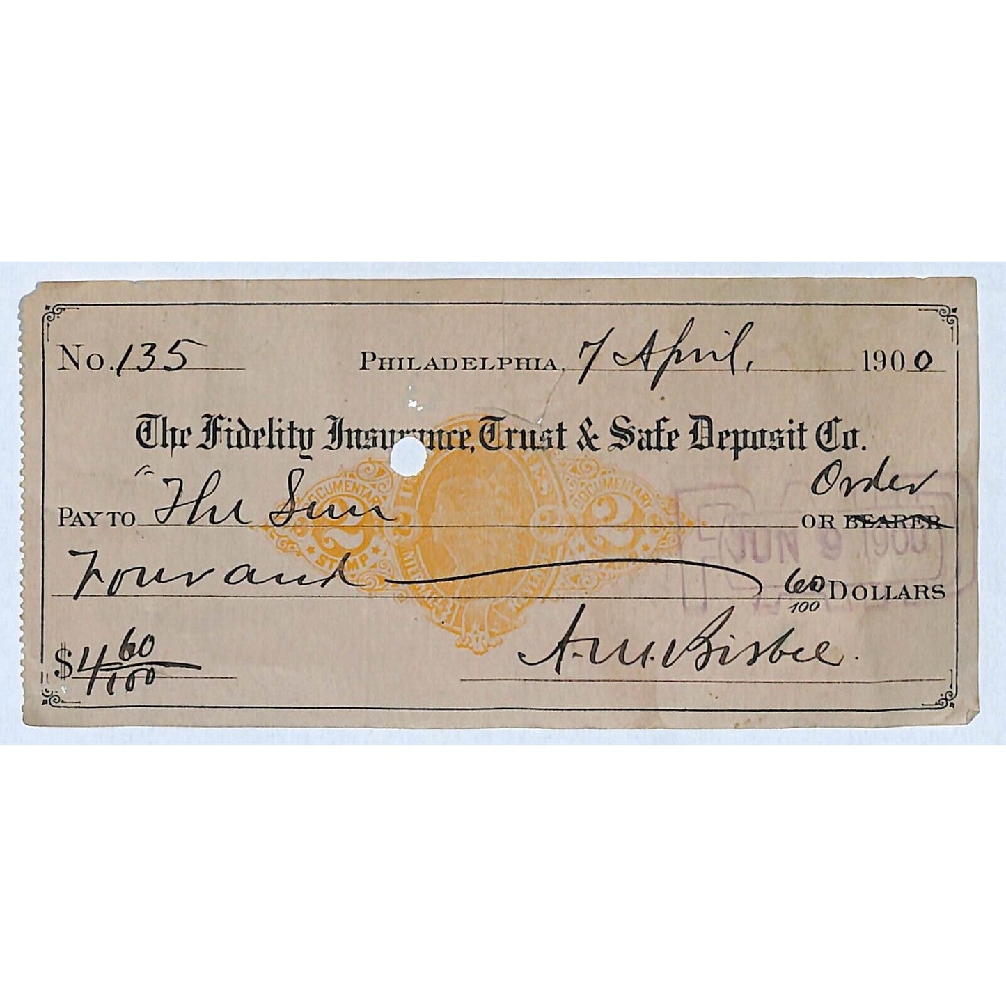 Fidelity Insurance Trust & Safe Deposit Phila. 1900 Bank Check w/ Rev Stamp