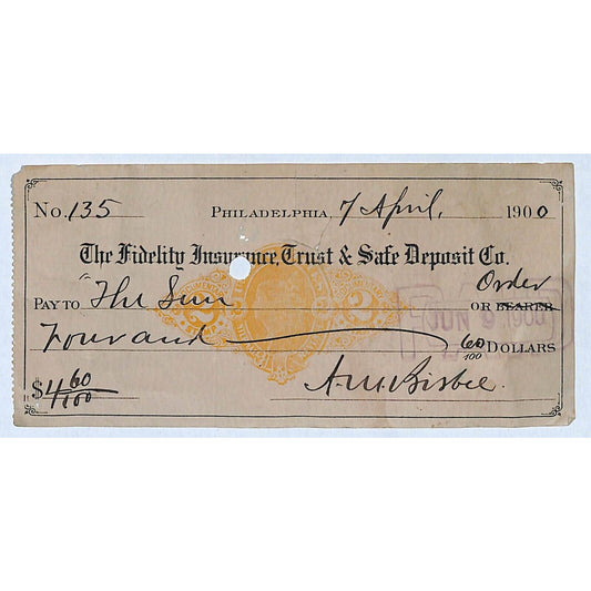 Fidelity Insurance Trust & Safe Deposit Phila. 1900 Bank Check w/ Rev Stamp