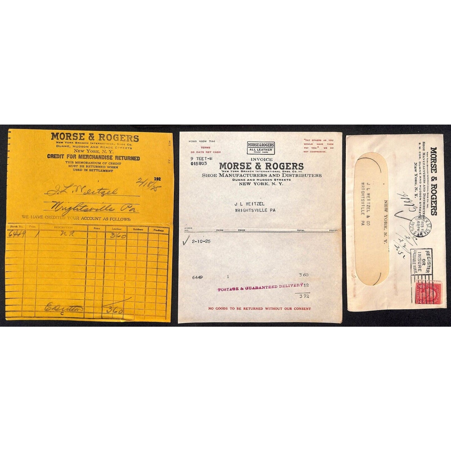 Morse & Rogers Sundial Shoe Mfg. Duane & Hudson Sts NYC 1925 3 Billheads + Cover