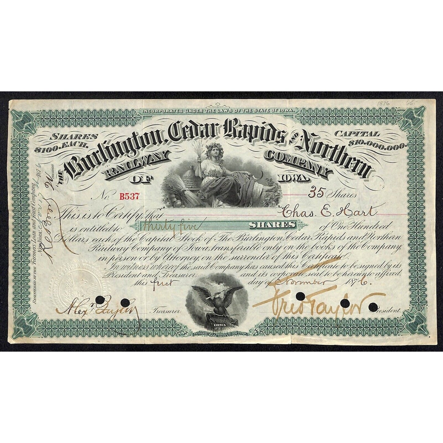 Burlington, Cedar Rapids and Northern Railway 1876 Stock Certificate