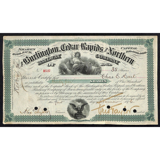 Burlington, Cedar Rapids and Northern Railway 1876 Stock Certificate