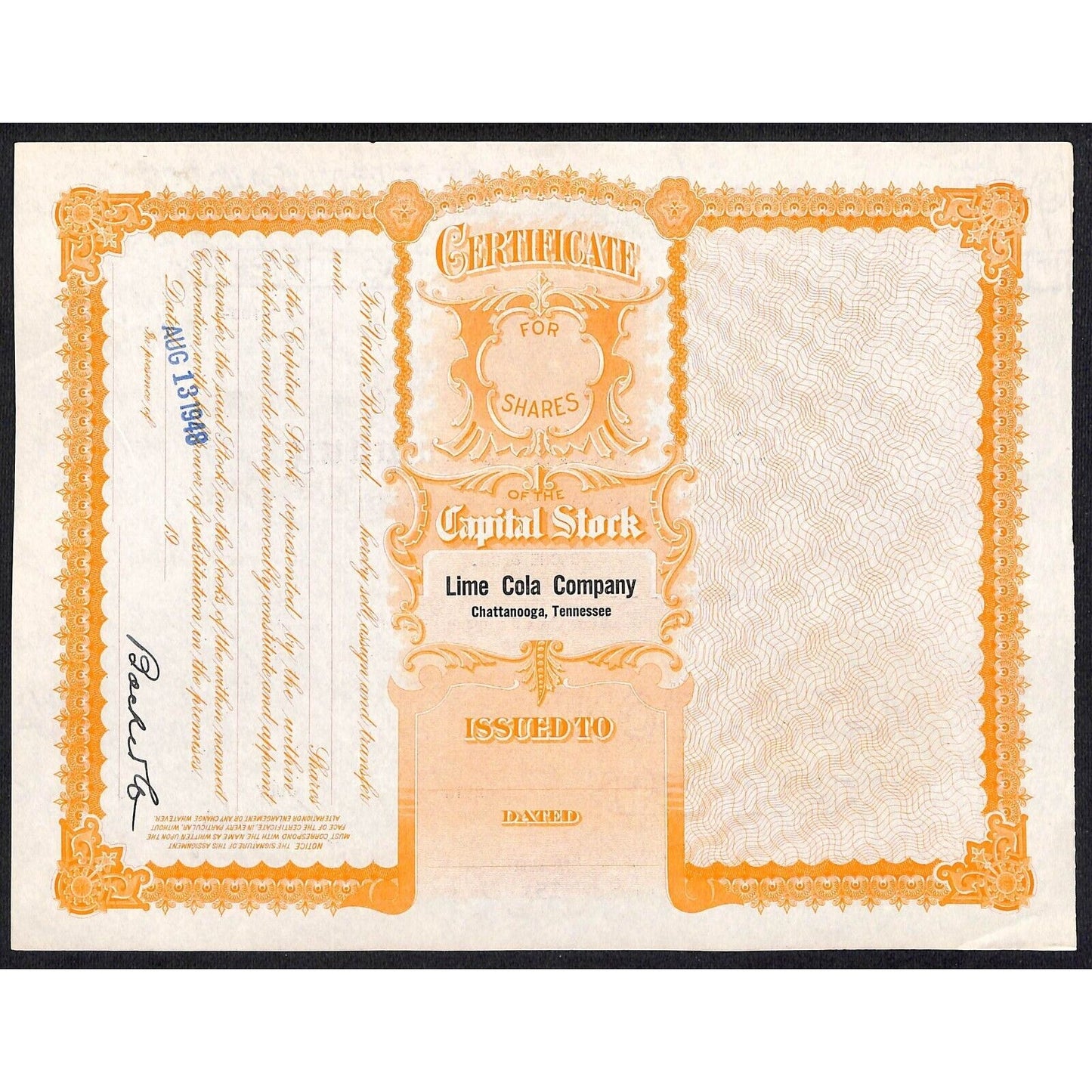 Lime Cola Company (Later, General Beverages, Inc.)* 1948 Stock Certificate