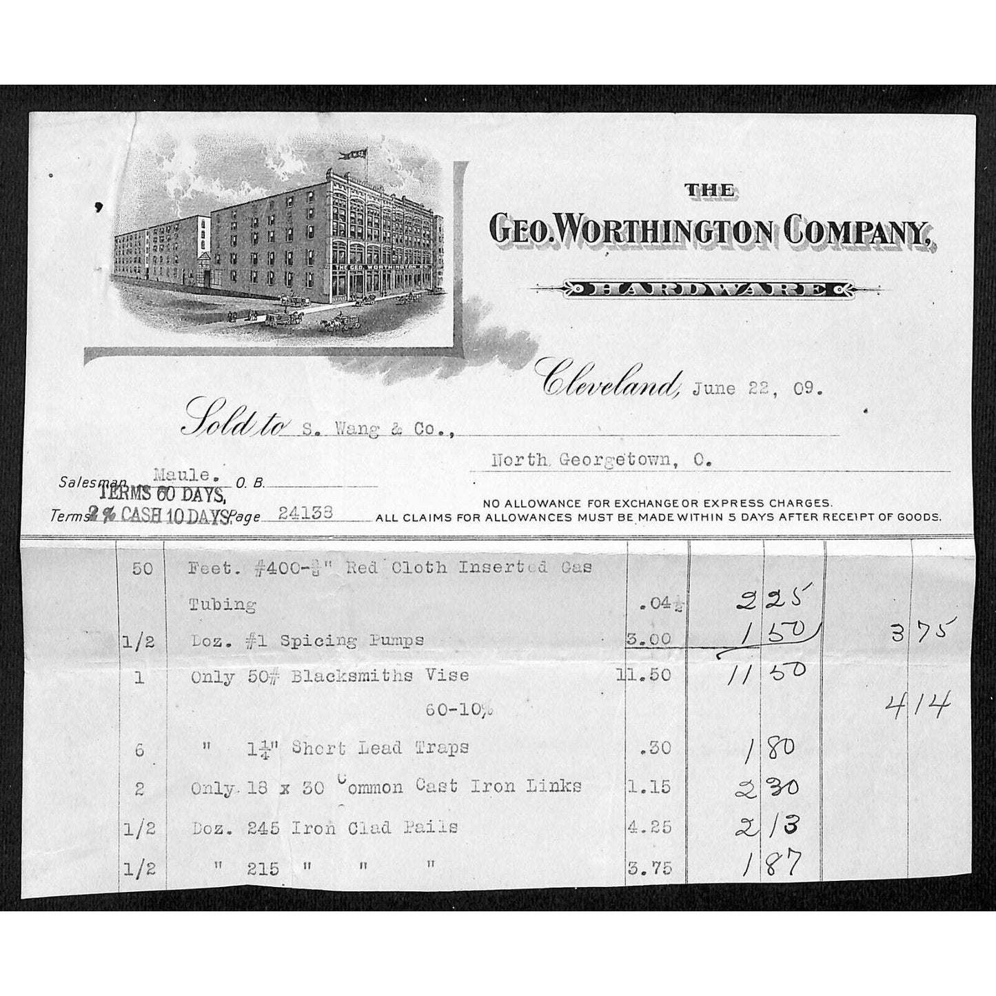 Geo Worthington Co. Hardware Cleveland 1909 Billhead Samuel Wang* N Georgetown