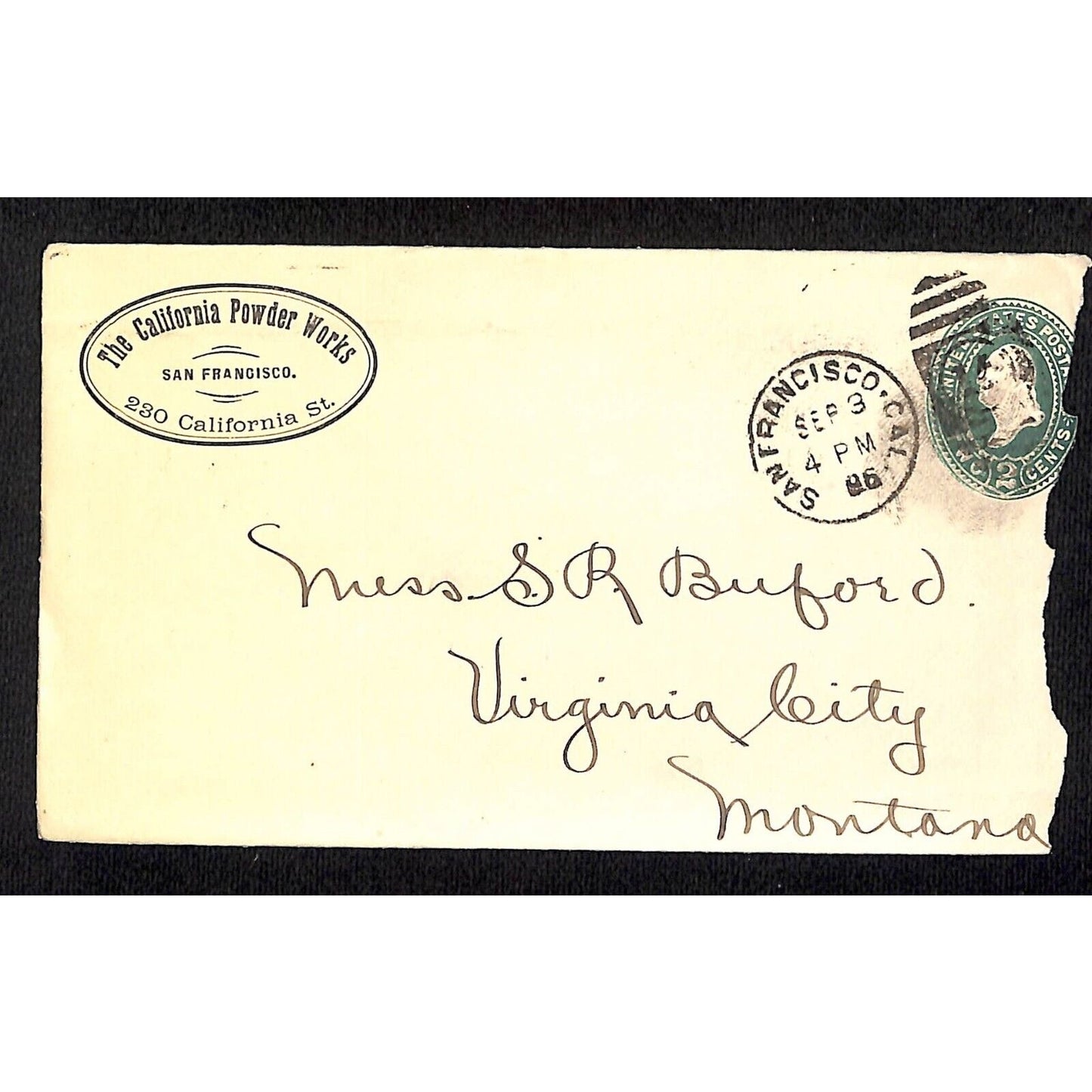 California Powder Works (Hercules) 9/3 1896 Cover S.R. Buford Virginia City, MT