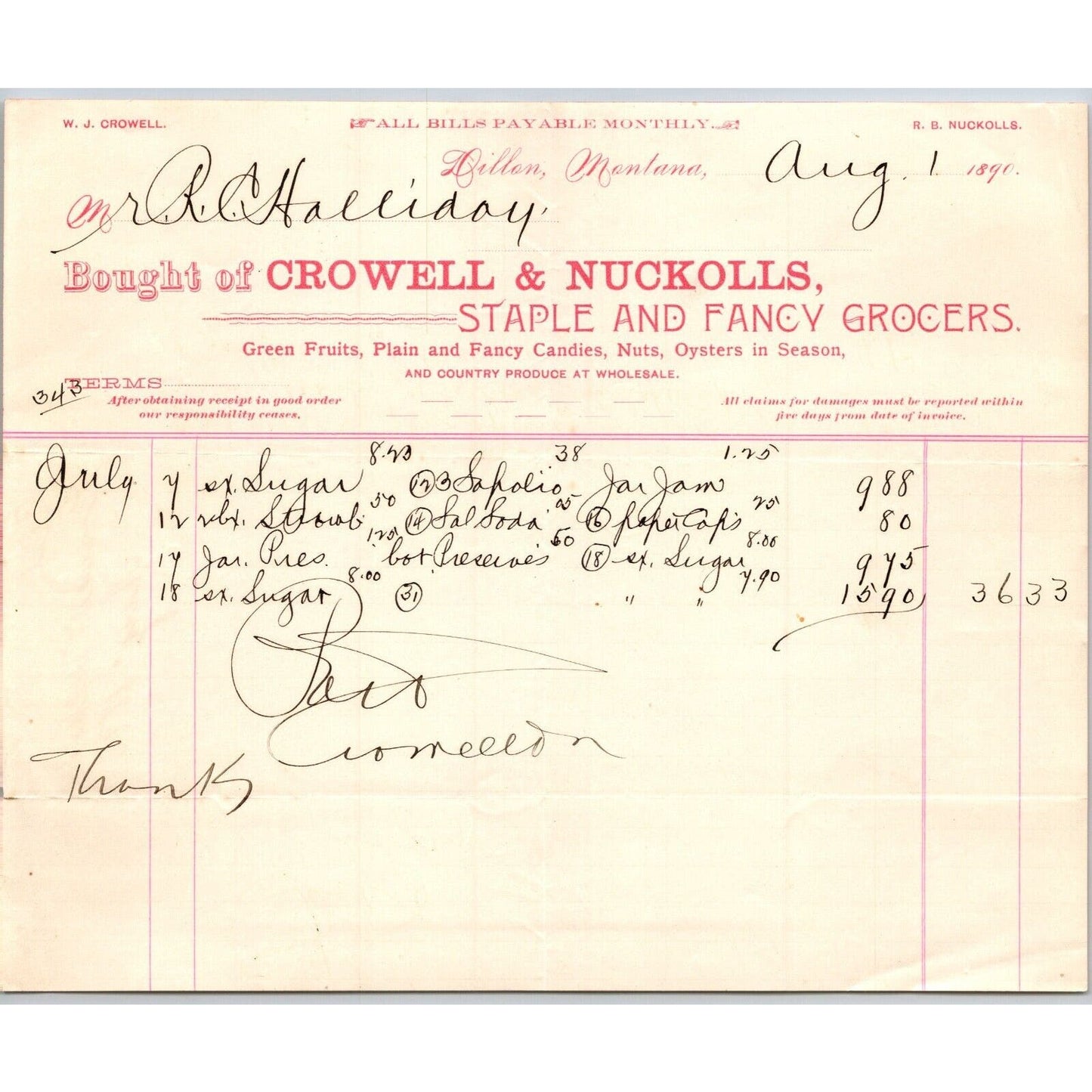 Dillon MT Crowell & Nuckolls Aug. 1890 Billhead Fancy Groceries R.C. Halliday*