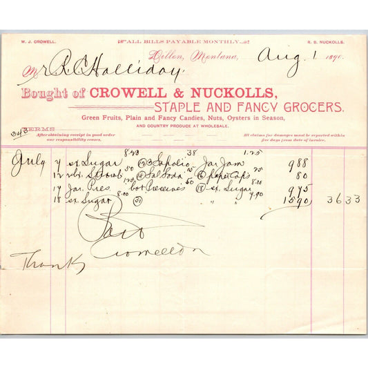 Dillon MT Crowell & Nuckolls Aug. 1890 Billhead Fancy Groceries R.C. Halliday*
