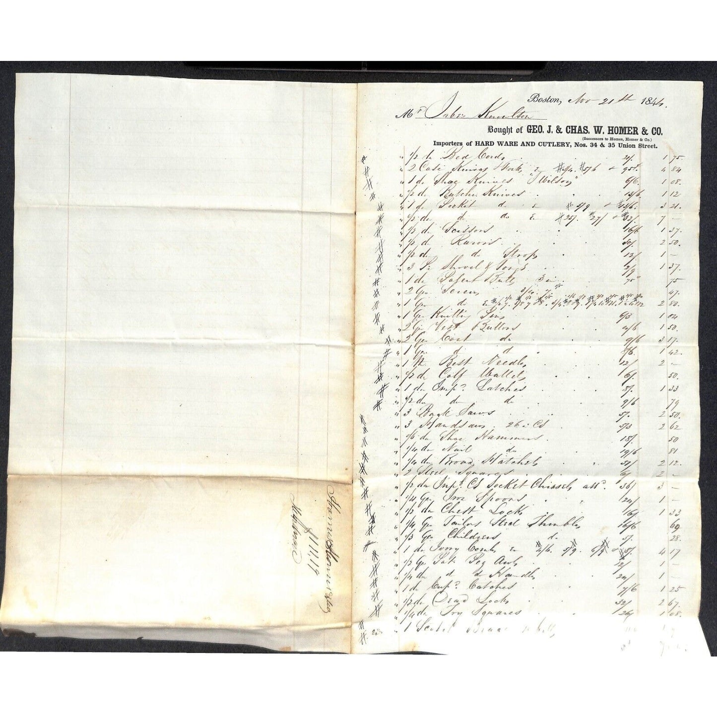 1844 Jabez Knowlton* Newburgh, ME Geo. J & Chas. W. Homer & Co. Boston Billhead