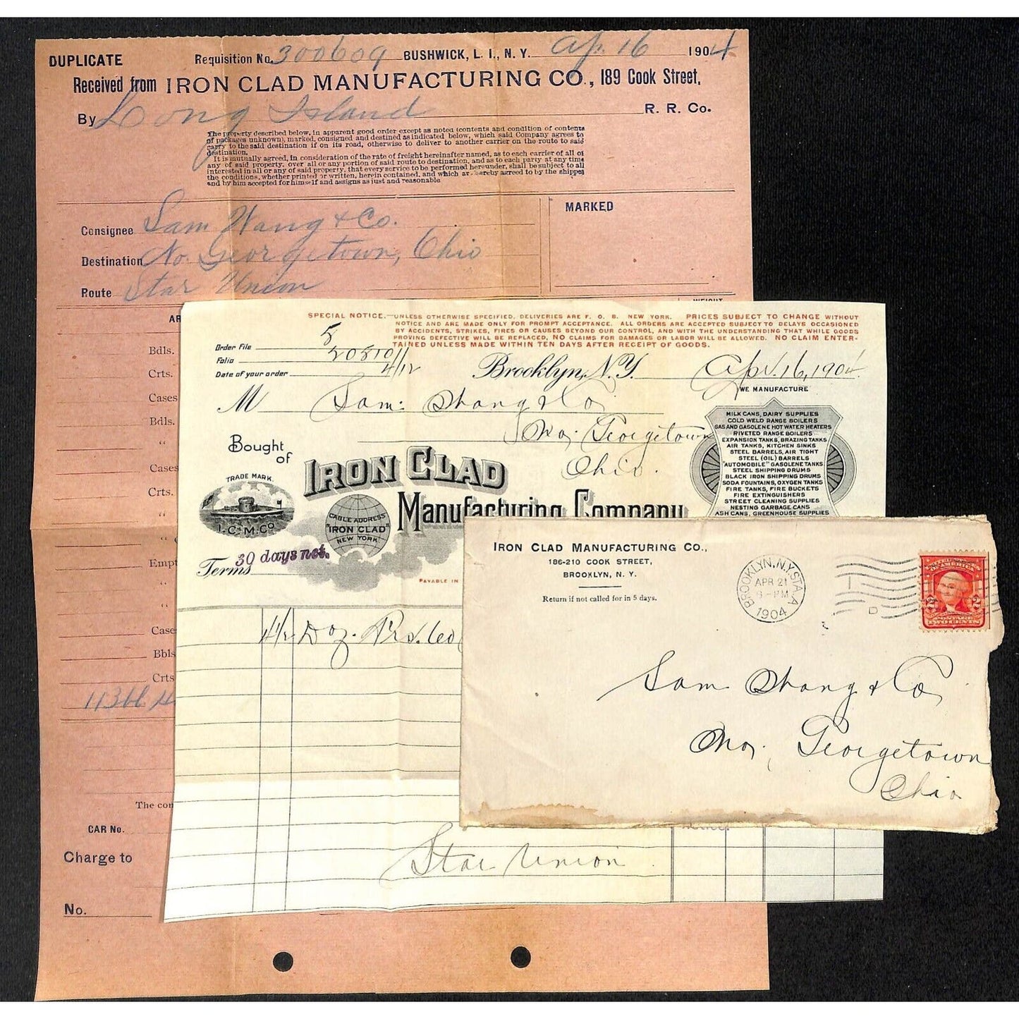Iron Clad Mfg. Co. Brooklyn Samuel Wang Co* N. Georgetown 1904 Billhead & Cover+