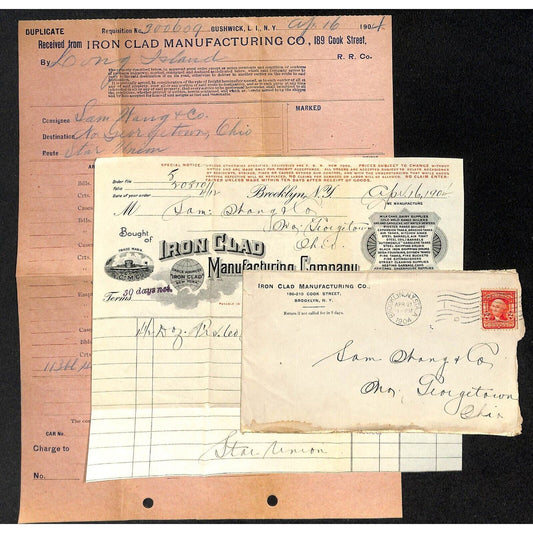 Iron Clad Mfg. Co. Brooklyn Samuel Wang Co* N. Georgetown 1904 Billhead & Cover+