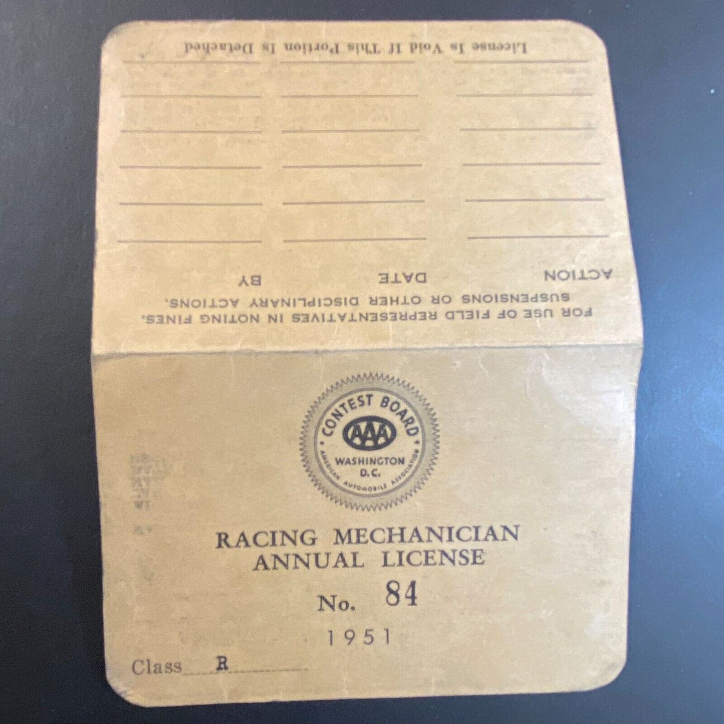 1951 AAA "Racing Mechanician License" "Charles Henry Meyer" ID Card VGC Scarce