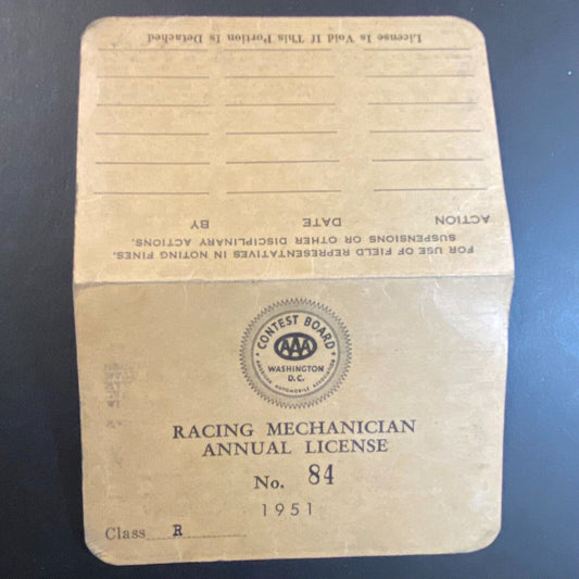 1951 AAA "Racing Mechanician License" "Charles Henry Meyer" ID Card VGC Scarce