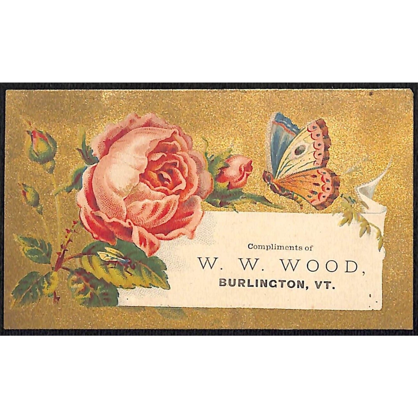 Burlington, VT W.W. Wood (Boots & Shoes) Victorian Trade Card VGC Butterfly