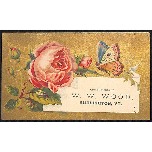 Burlington, VT W.W. Wood (Boots & Shoes) Victorian Trade Card VGC Butterfly