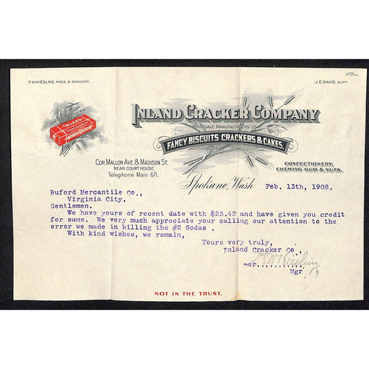 Inland Cracker Co. Spokane 1908 Letterhead to Buford* re: Payment Error