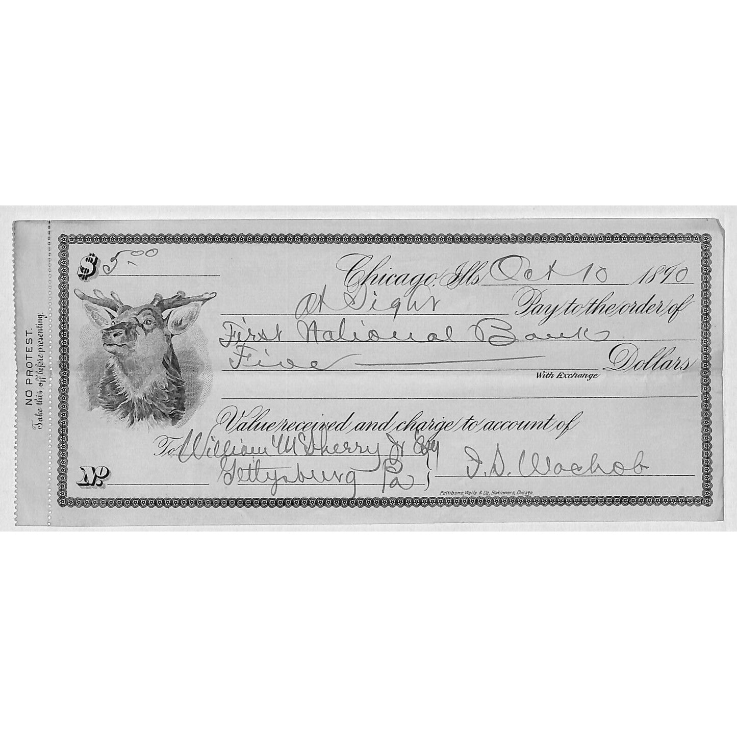 1890 William Mc Sherry Jr., Gettysburg, PA Chicago Bank Check Deer Vignette