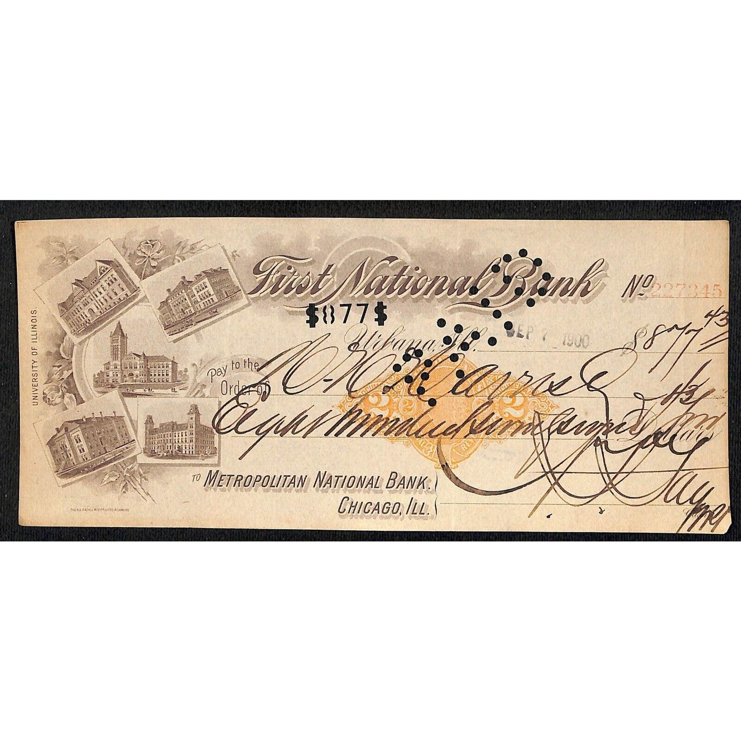 FNB Urbana, IL $877 1900 Bank Check Revenue Stamp w/ University Bldg. Vignettes