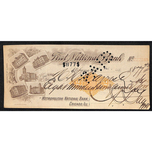FNB Urbana, IL $877 1900 Bank Check Revenue Stamp w/ University Bldg. Vignettes