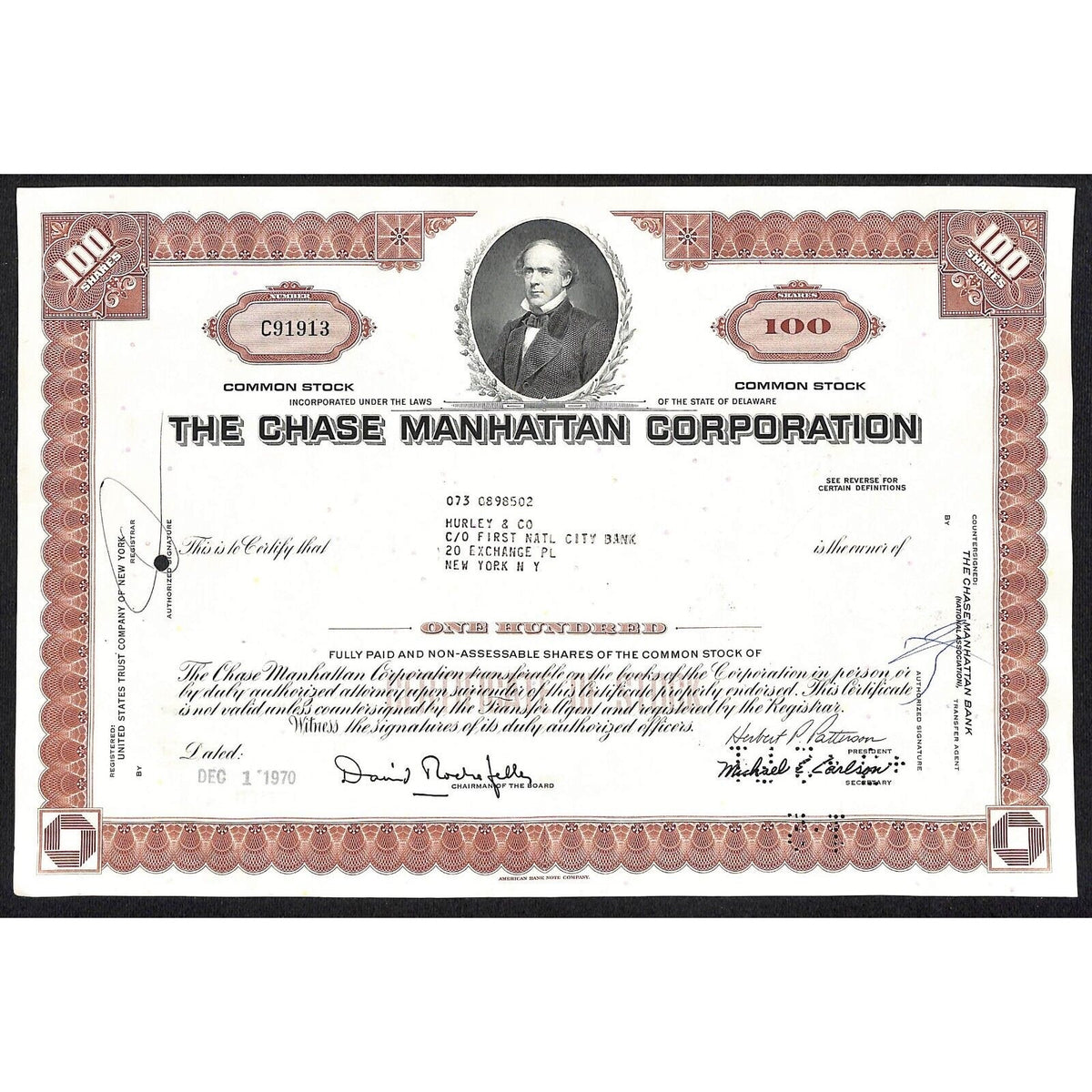 Chase Manhattan Corp Dec 1 1970 Stock Certificate Hurley & Co VGC Early Logo*