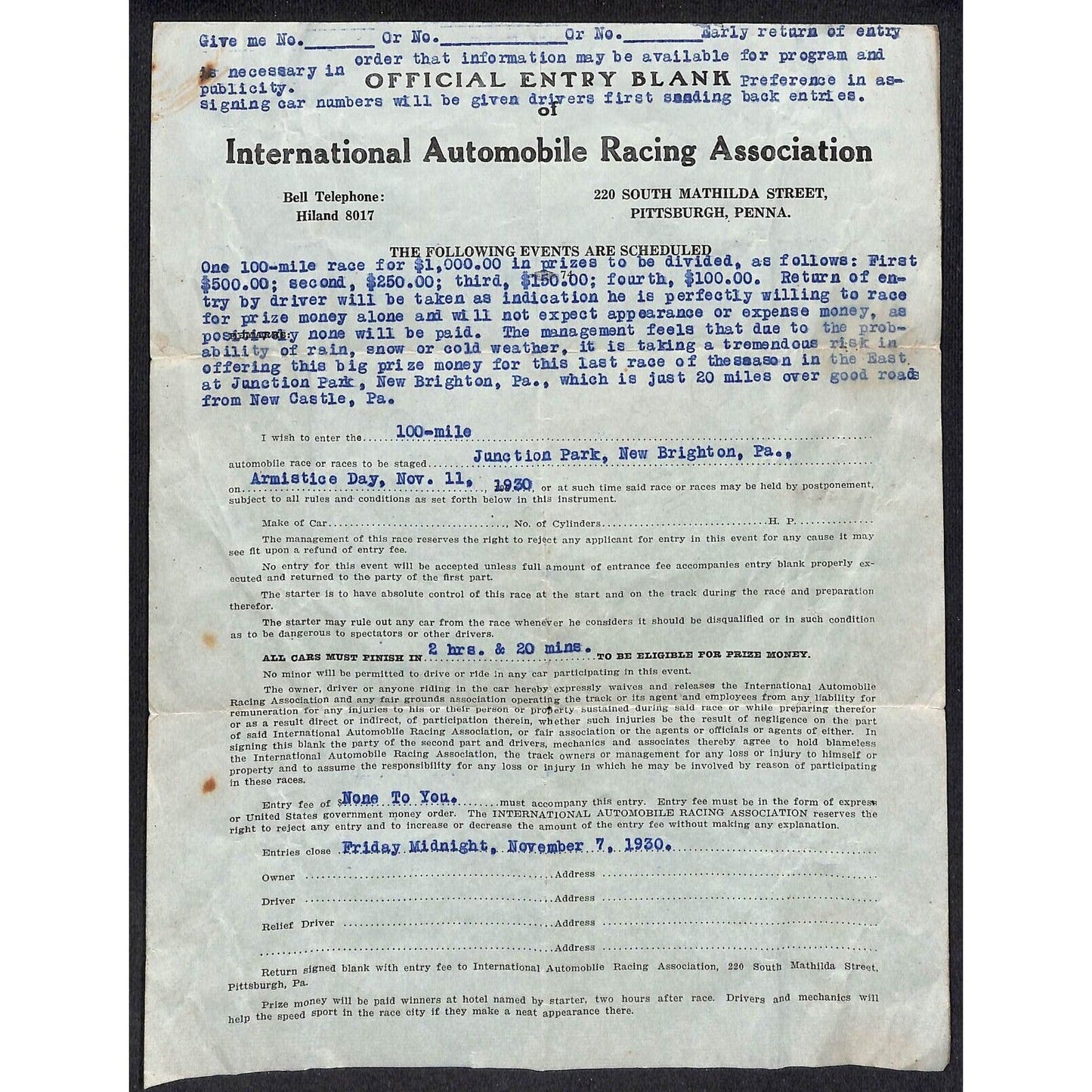 1939 IARA Official Entry Blank for Auto Racing at Junction Park New Brighton, PA