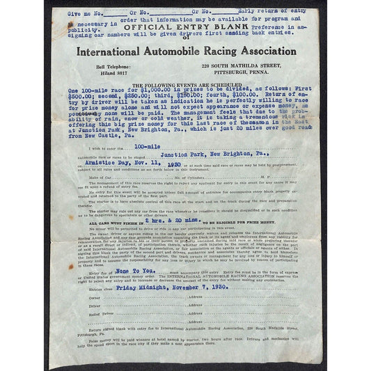 1939 IARA Official Entry Blank for Auto Racing at Junction Park New Brighton, PA