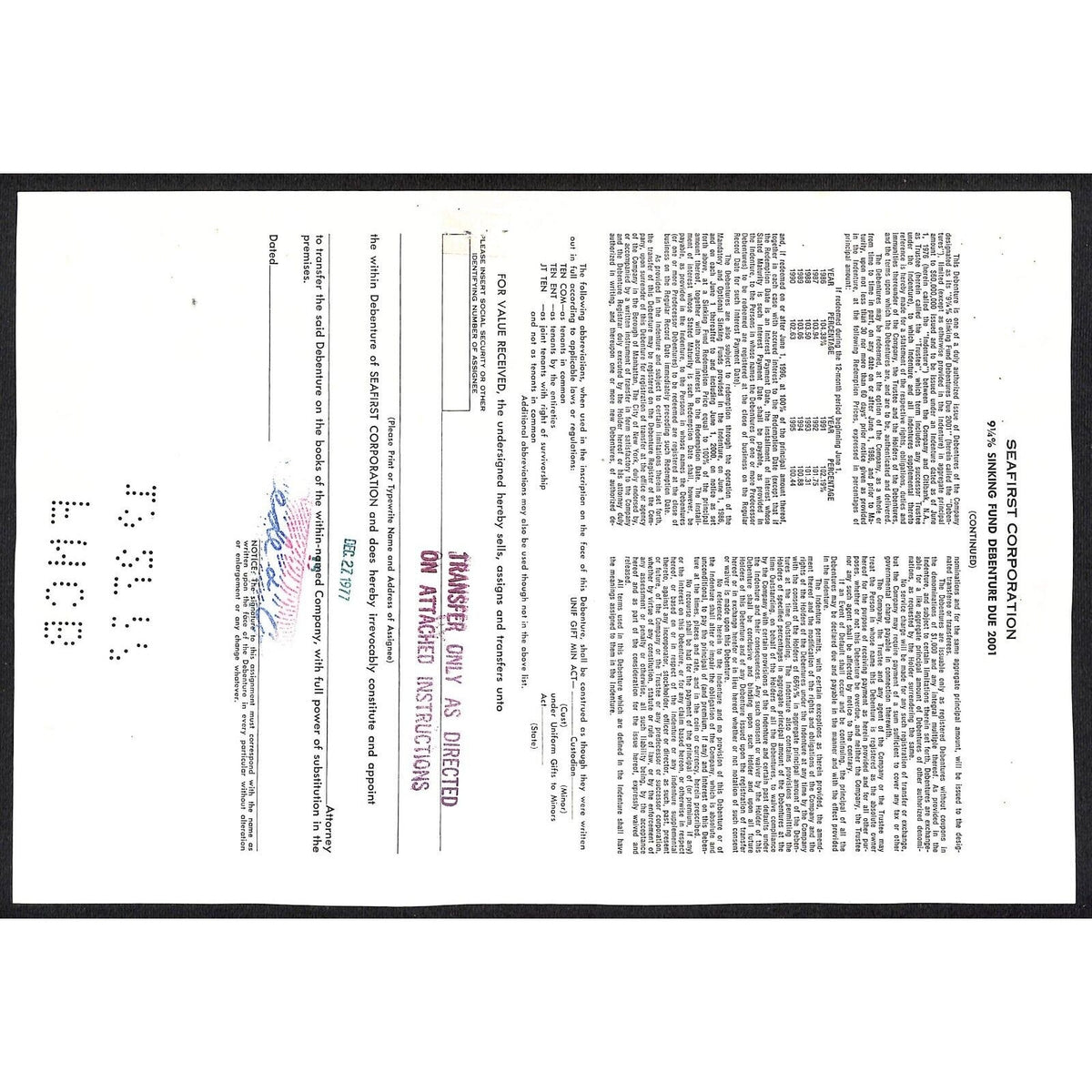 Seafirst Corp. Wisconsin 1977 Debenture Certificate City Skyline 25,000 Shares