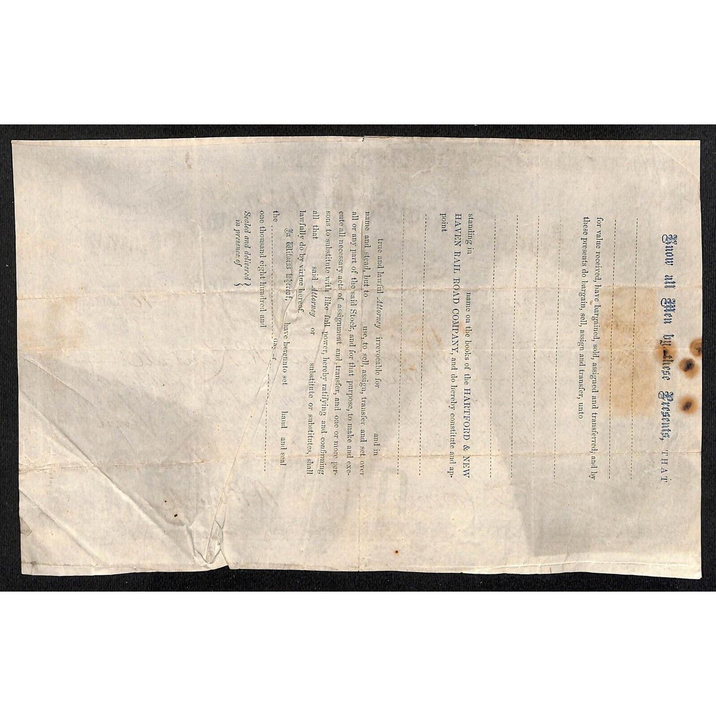 Hartford and New Haven Railroad 1870 Stock Certificate to: "Daniel N. Kimball"